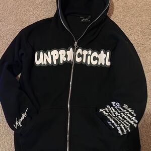 Black Zip-Up Hoodie with Graphic Text